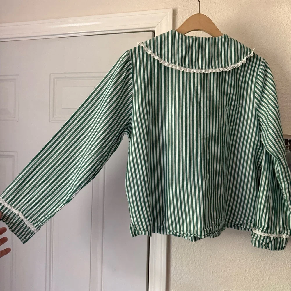 RACHEL ASHWELL green white striped cotton sailor Peter Pan cottage prairie top - Picture 5 of 7